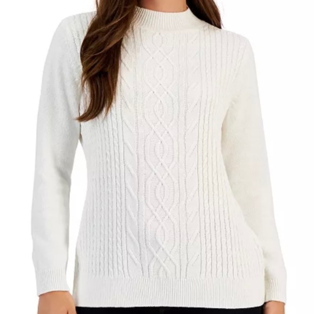 NEW Karen Scott Winter White Mock Neck Long Sleeve Cable Knit Sweater - Size PL
